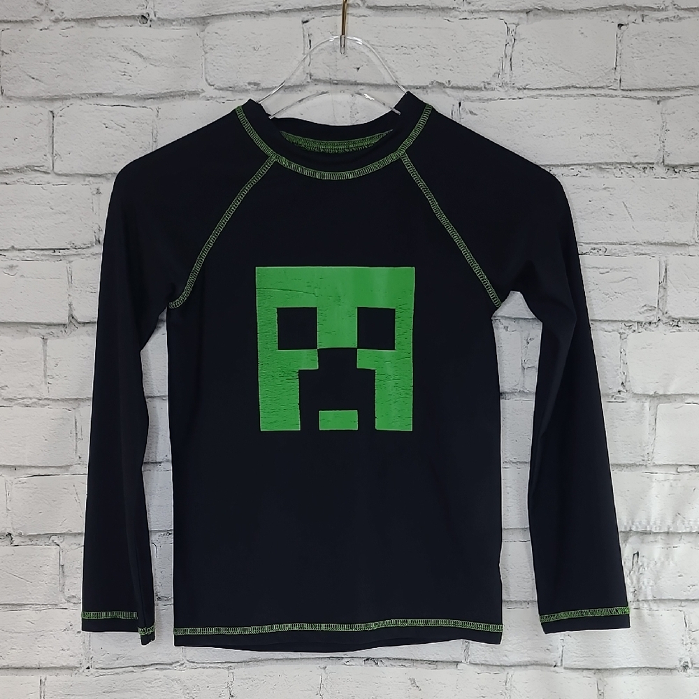 MOJANG Minecraft Creeper Long Sleeve Crew Neck Rash Guard Swim Shirt Black/Green